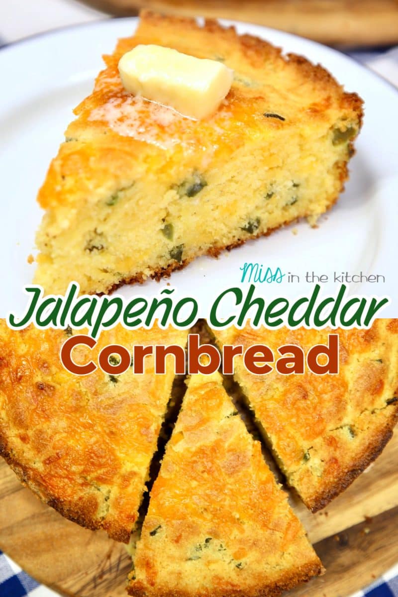 Jalapeno Cheddar Cornbread collage: slice over round with slice cut out.