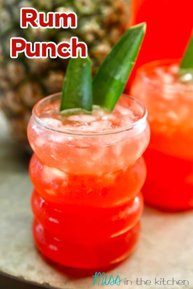 Rum punch in a glass, pineapple frond garnish.