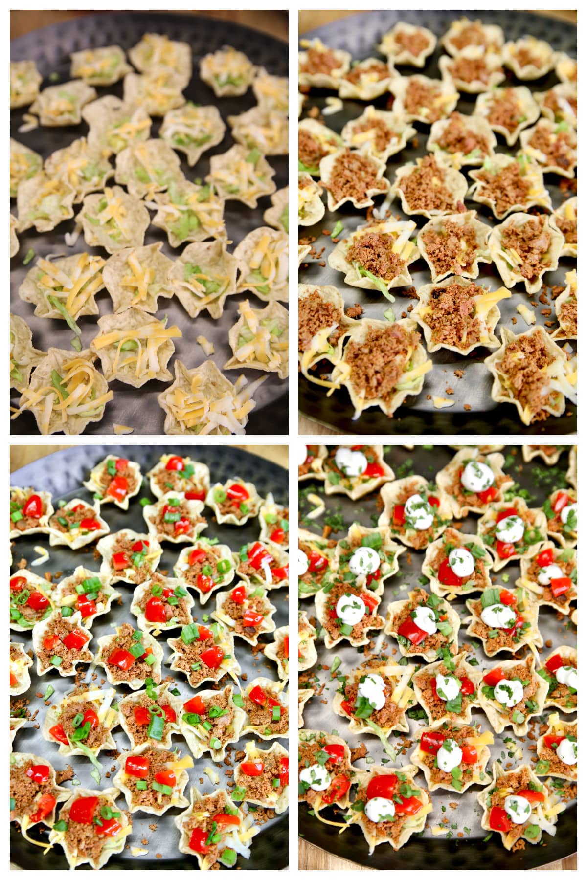 Collage making taco bites with Tostitos scoops, taco meat, cheese, toppings.
