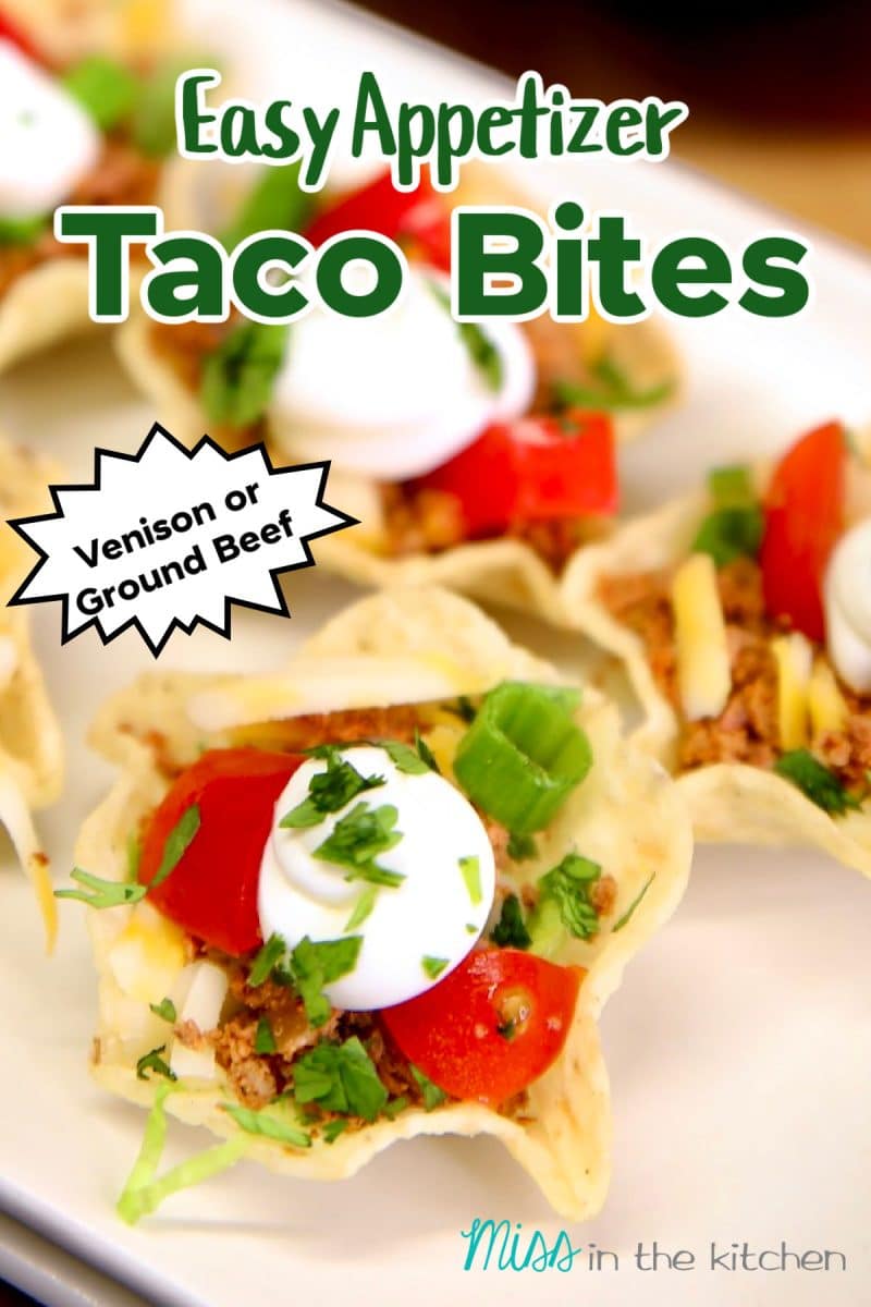 Closeup of taco bites on a plate. Text overlay.