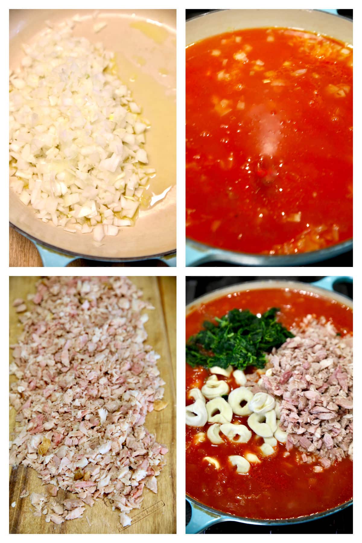 Collage of cooking onions, adding tomato sauce, chopped chicken, tortellini, spinach.