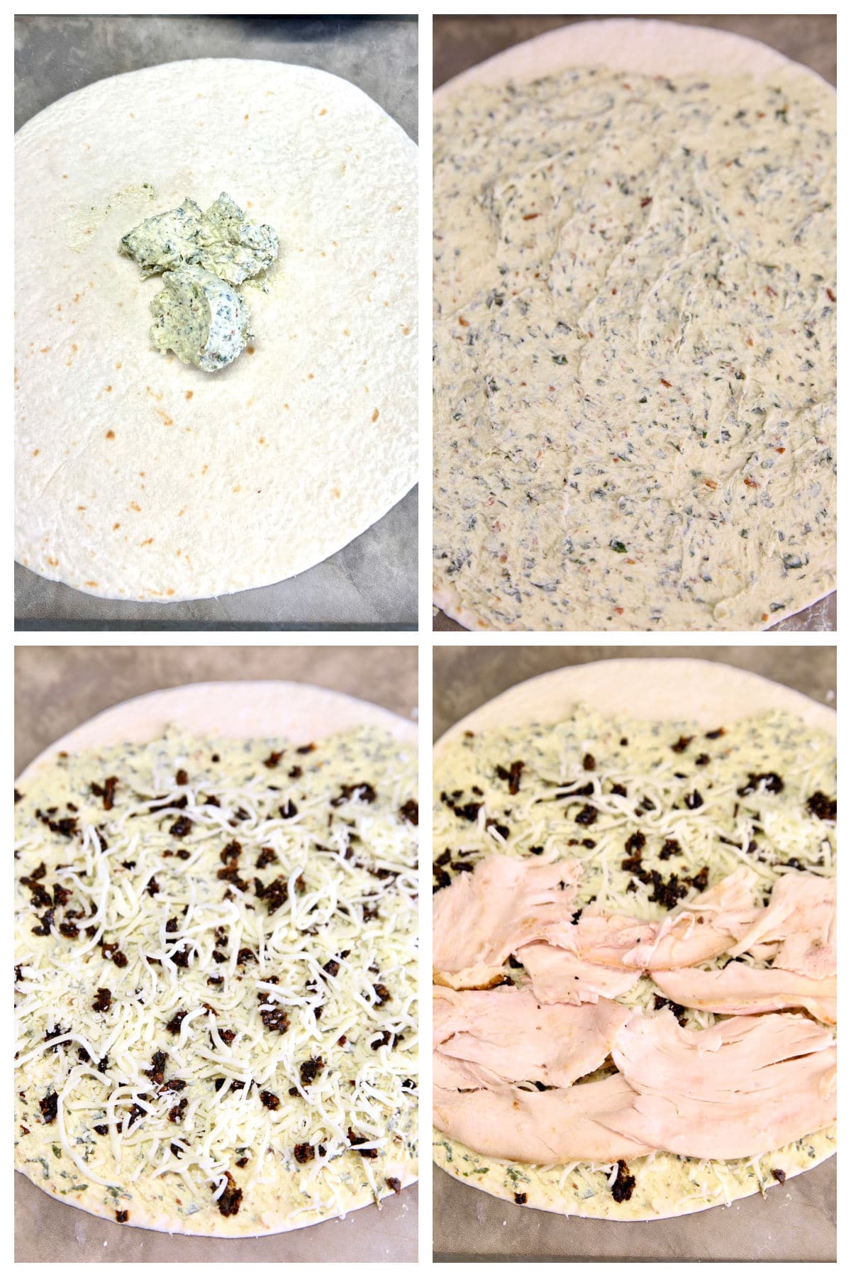 Collage making turkey pinwheels with pesto cream cheese.