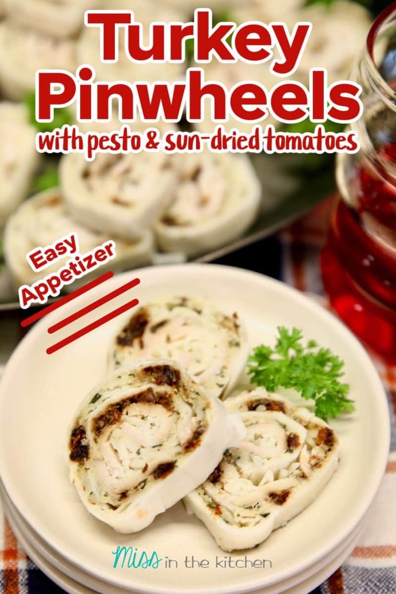 Turkey pinwheels on a plate with text overlay.