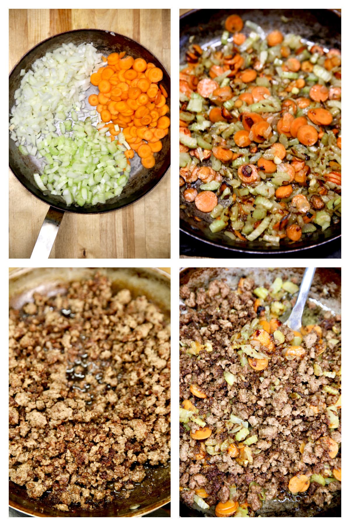 Collage cooking vegetables in a skillet/ ground beef/ mixed together.