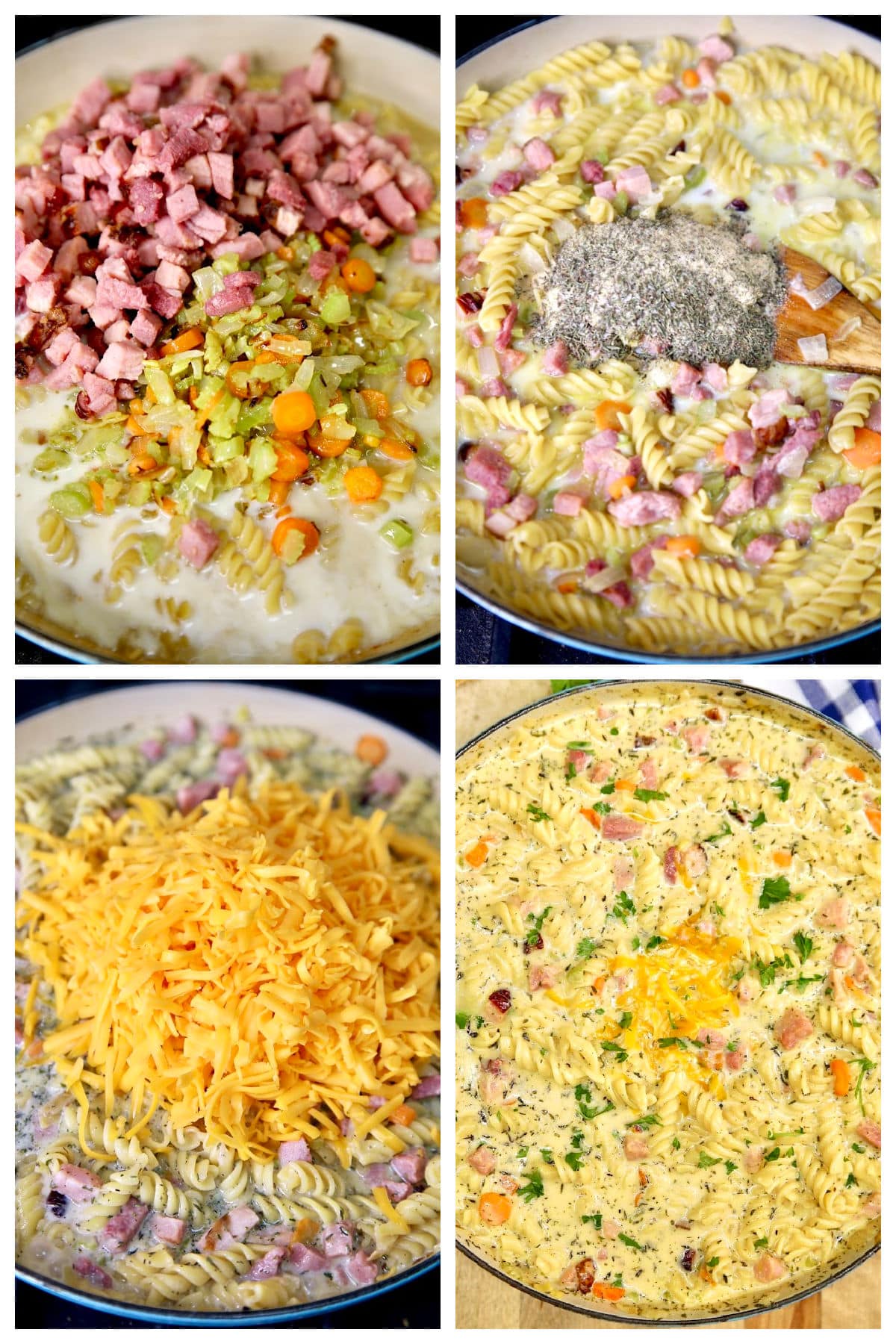 Collage making ham soup with vegetables, pasta and cheese.