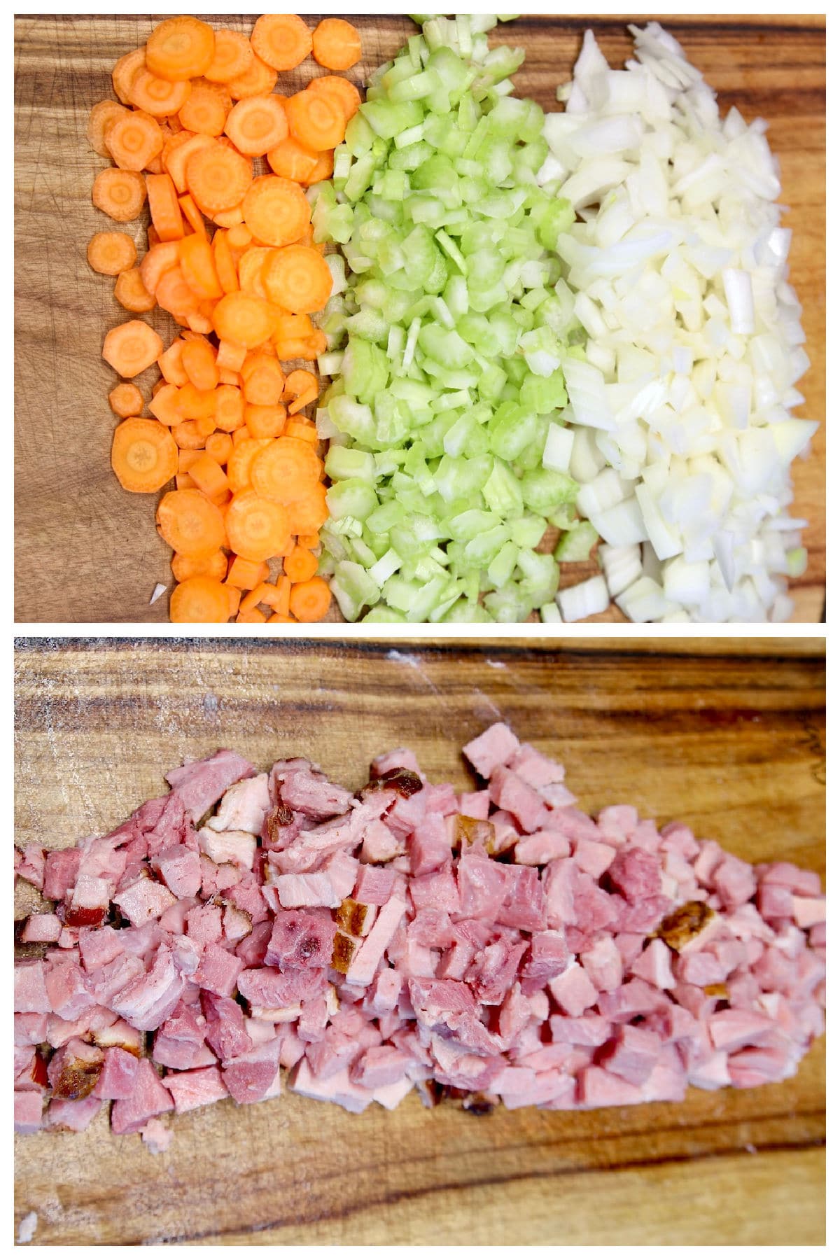 Collage: sliced carrots, diced celery, onions, ham.