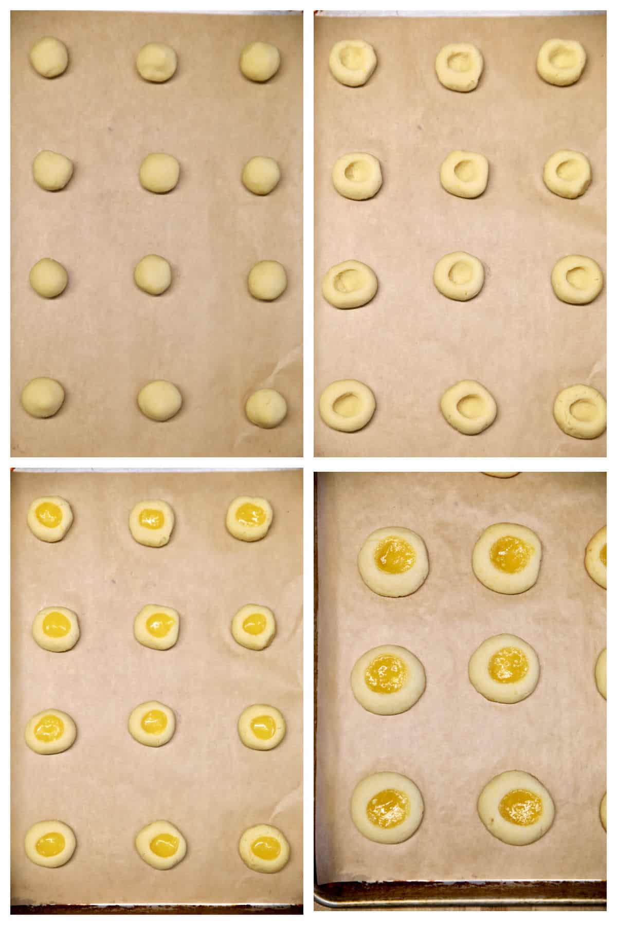 Collage making lemon curd cookie dough balls, indentations, filled with curd.