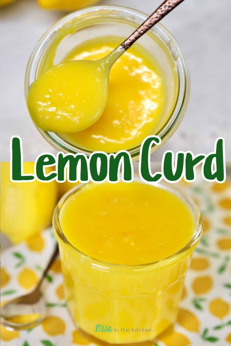 Lemon curd collage, spoonful over jar, text overlay.