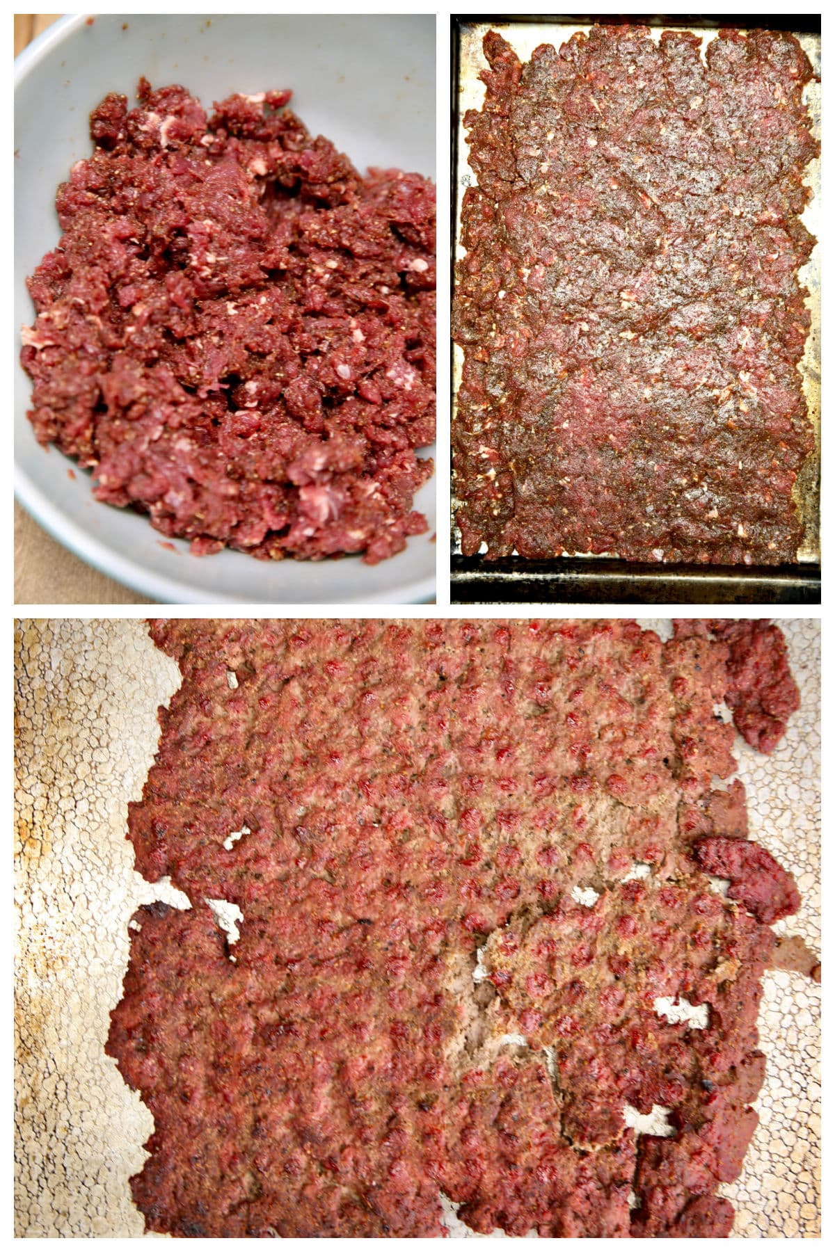 Collage mixing ground meat with seasonings/grill pan/ cooked.
