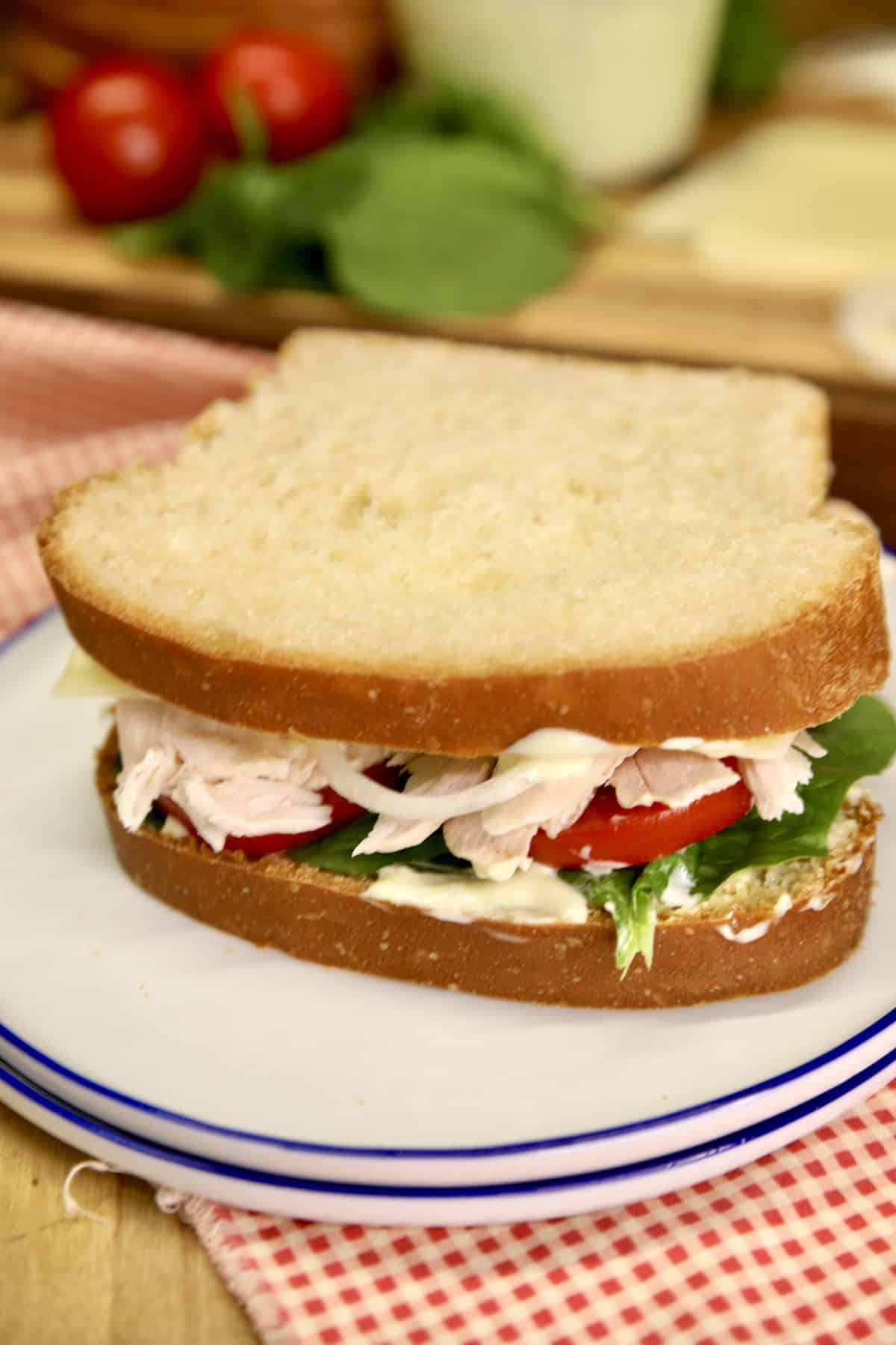 Turkey sandwich on a plate with homemade mayo.
