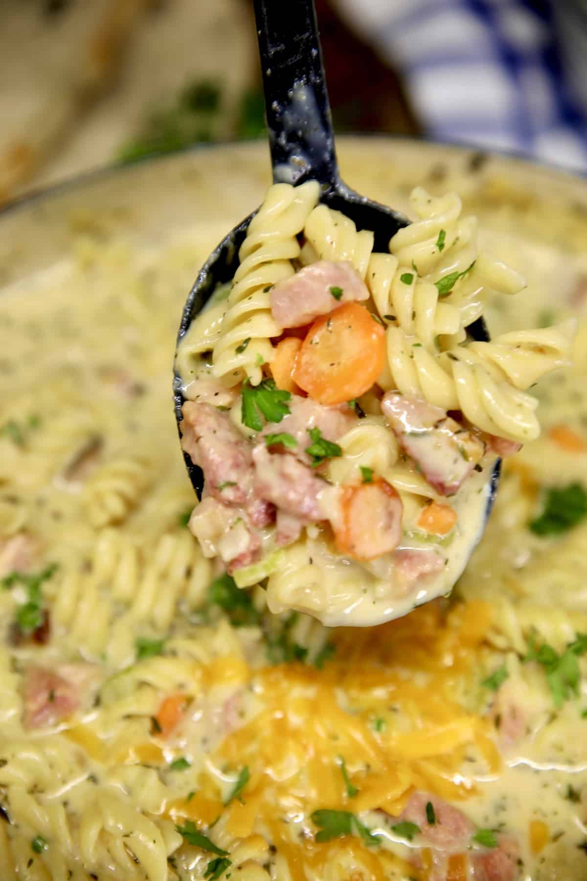 Spoonful of ham soup with pasta and vegetables.