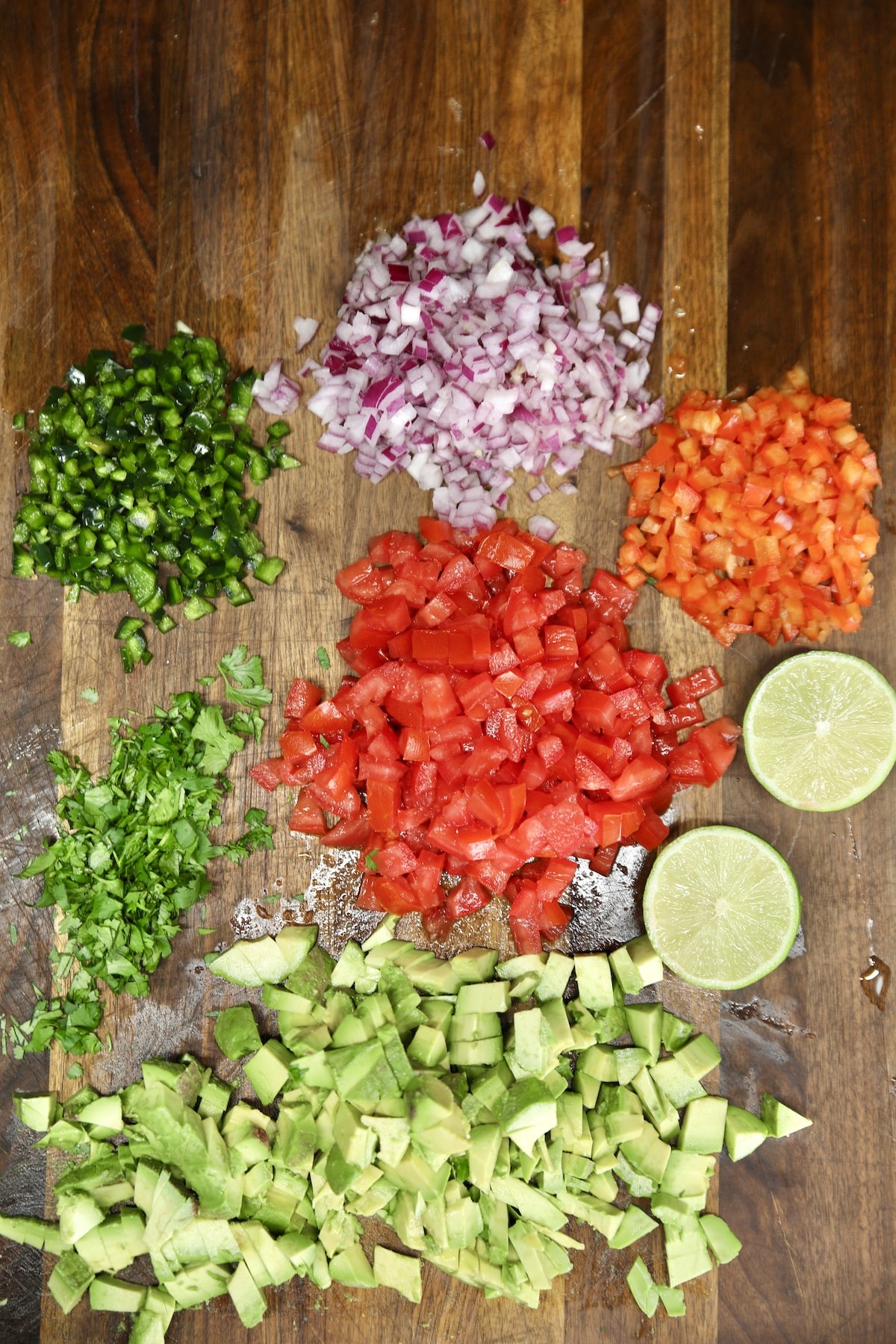 Chopped vegetables, avocados for salsa.