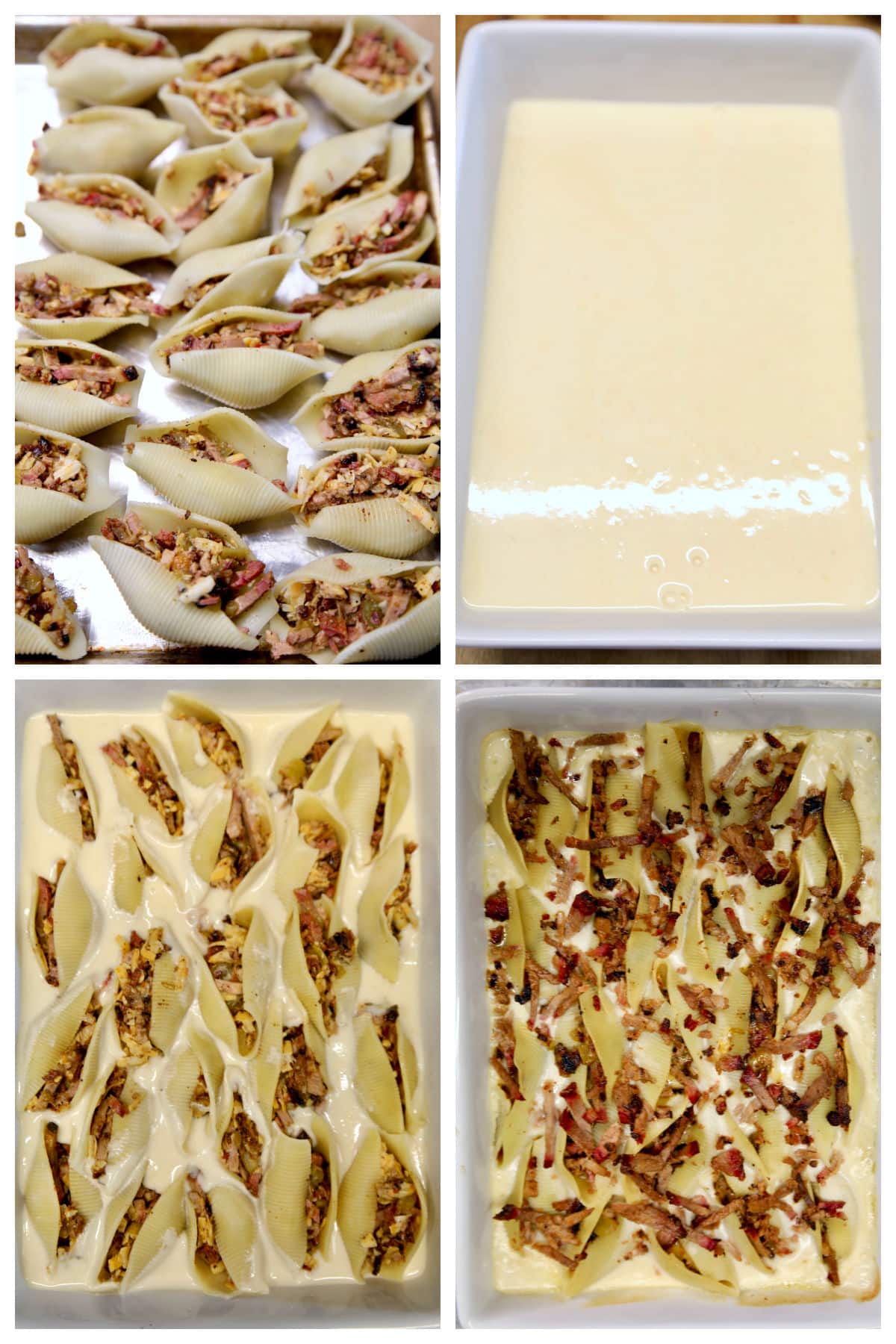 Collage: brisket stuffed shells, casserole with sour cream sauce, shells in sauce.