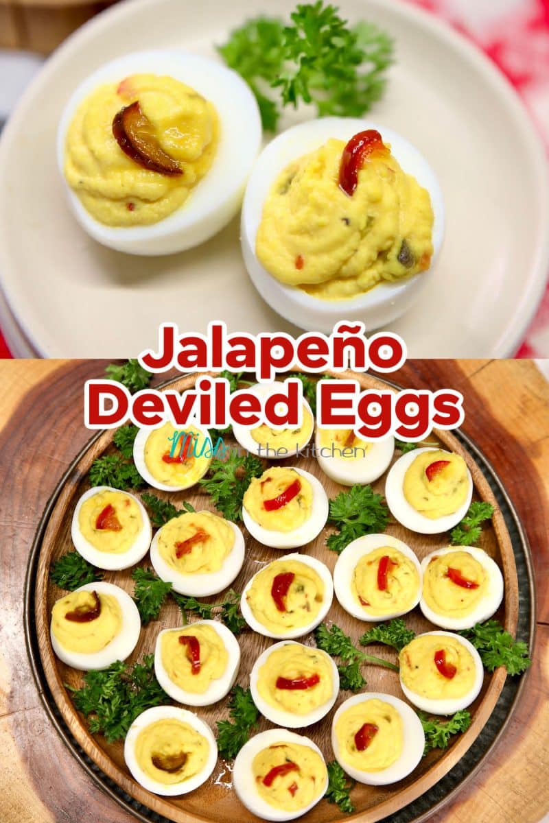 Collage: deviled eggs, 2 on a plate/ platter. Text overlay.
