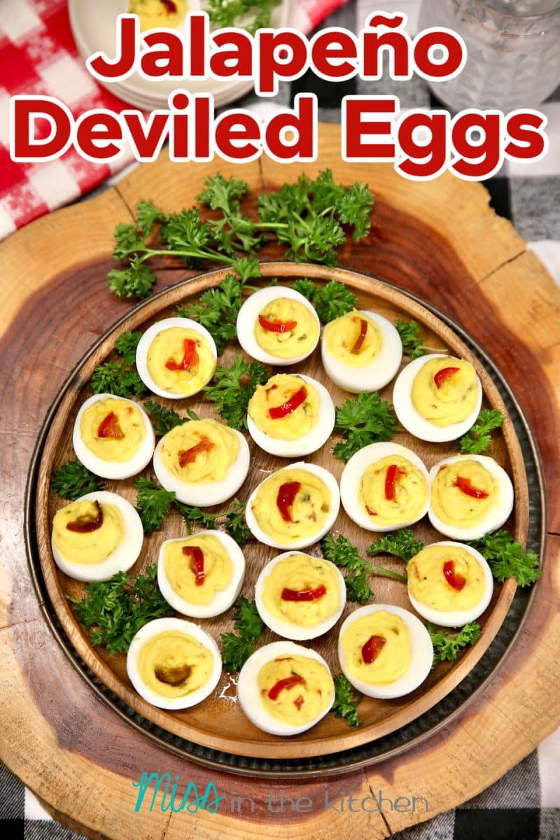 Jalapeno Deviled Eggs on a platter. Text overlay.