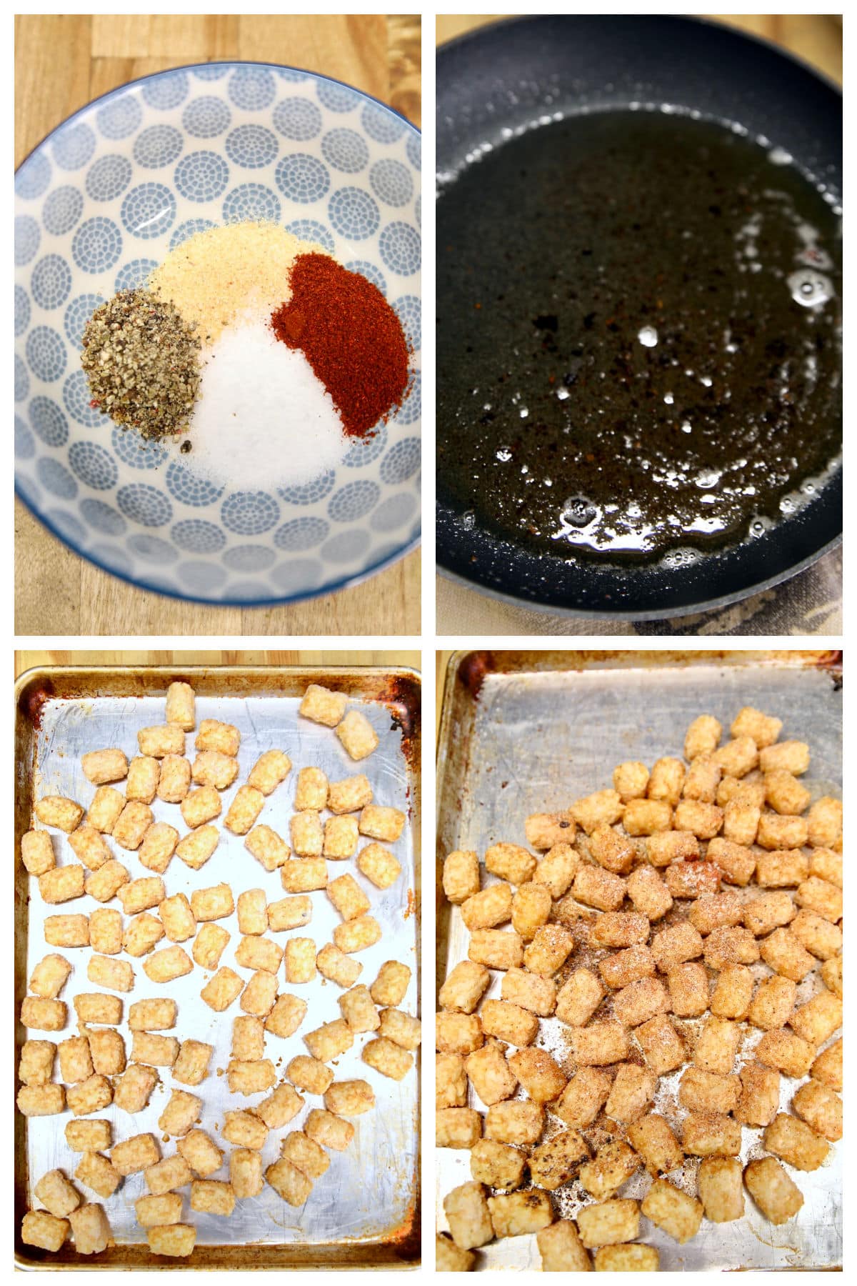 Collage: seasonings in a bowl, bacon grease melted, tater tots on baking sheet. Collage.