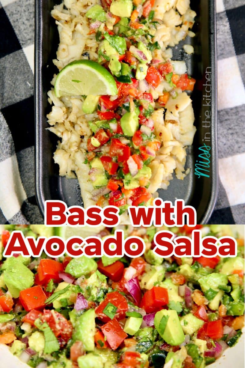 Bass with avocado salsa collage. Text overlay.