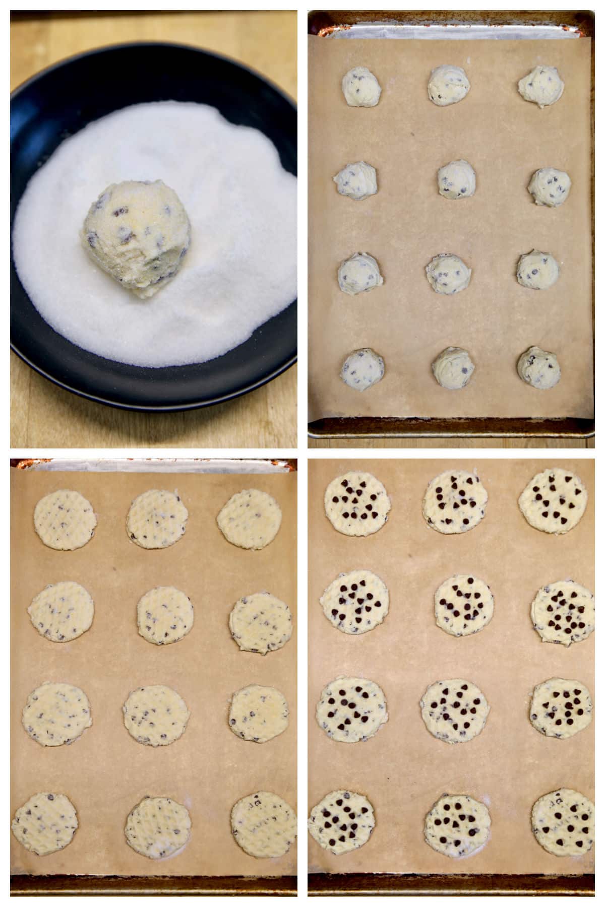 Collage rolling cookie dough in sugar, on the cookie sheet, topped with chocolate chips.