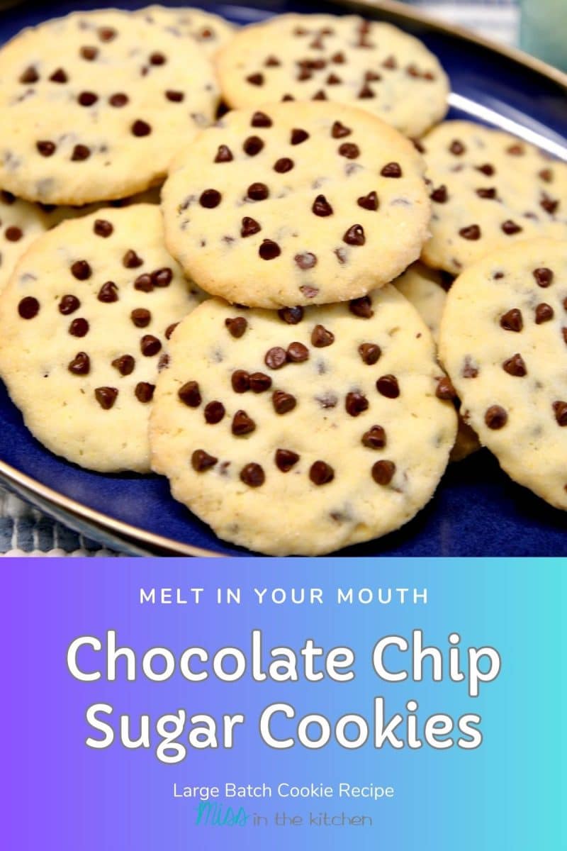 Chocolate Chip Sugar Cookies on a platter - text overlay.