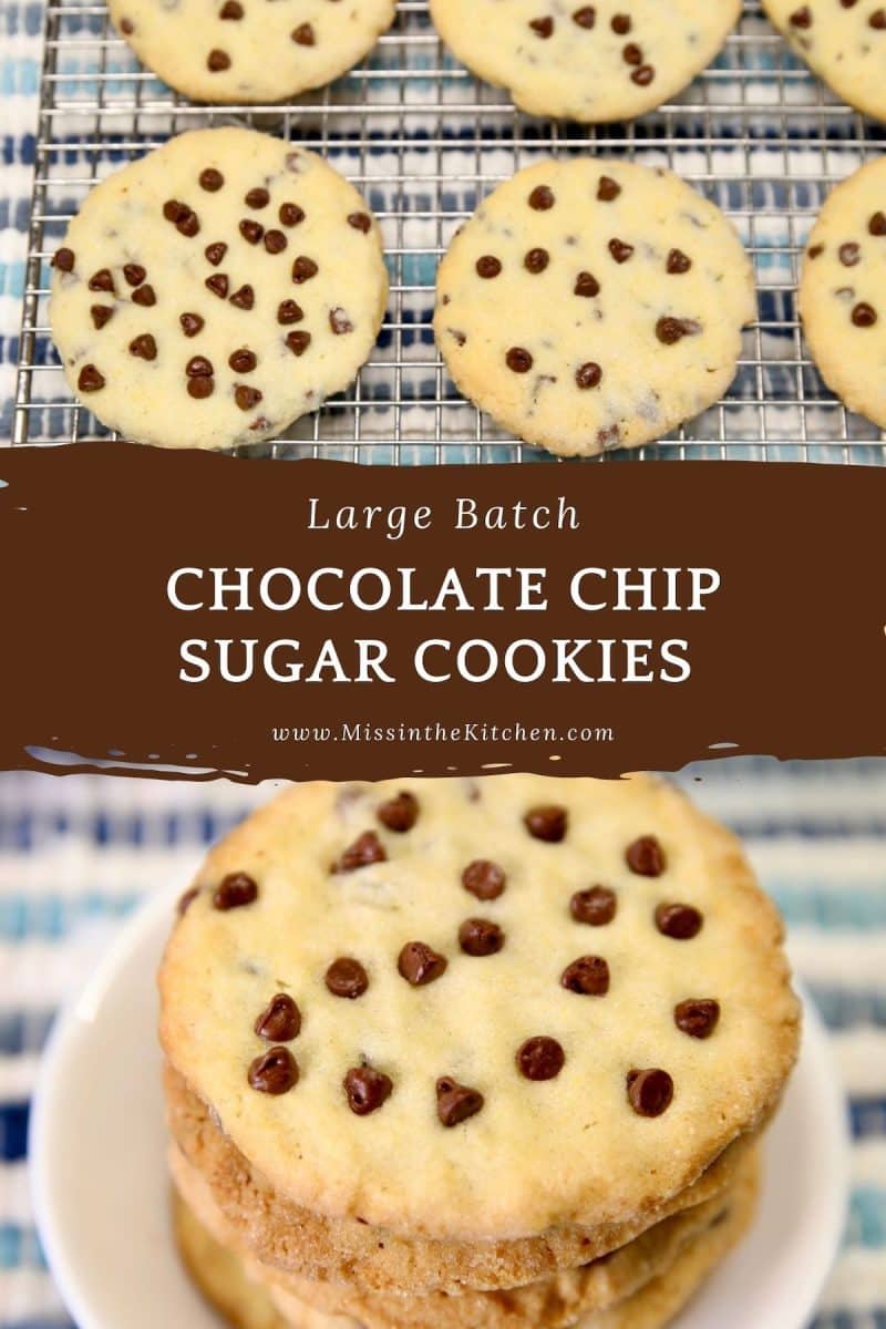 Chocolate Chip Sugar Cookies collage: on a cooling rack/ stacked on a plate. Text overlay.