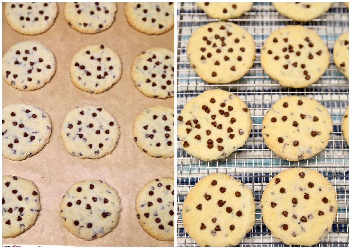 Collage: baked chocolate chip cookies/on a cooling rack.