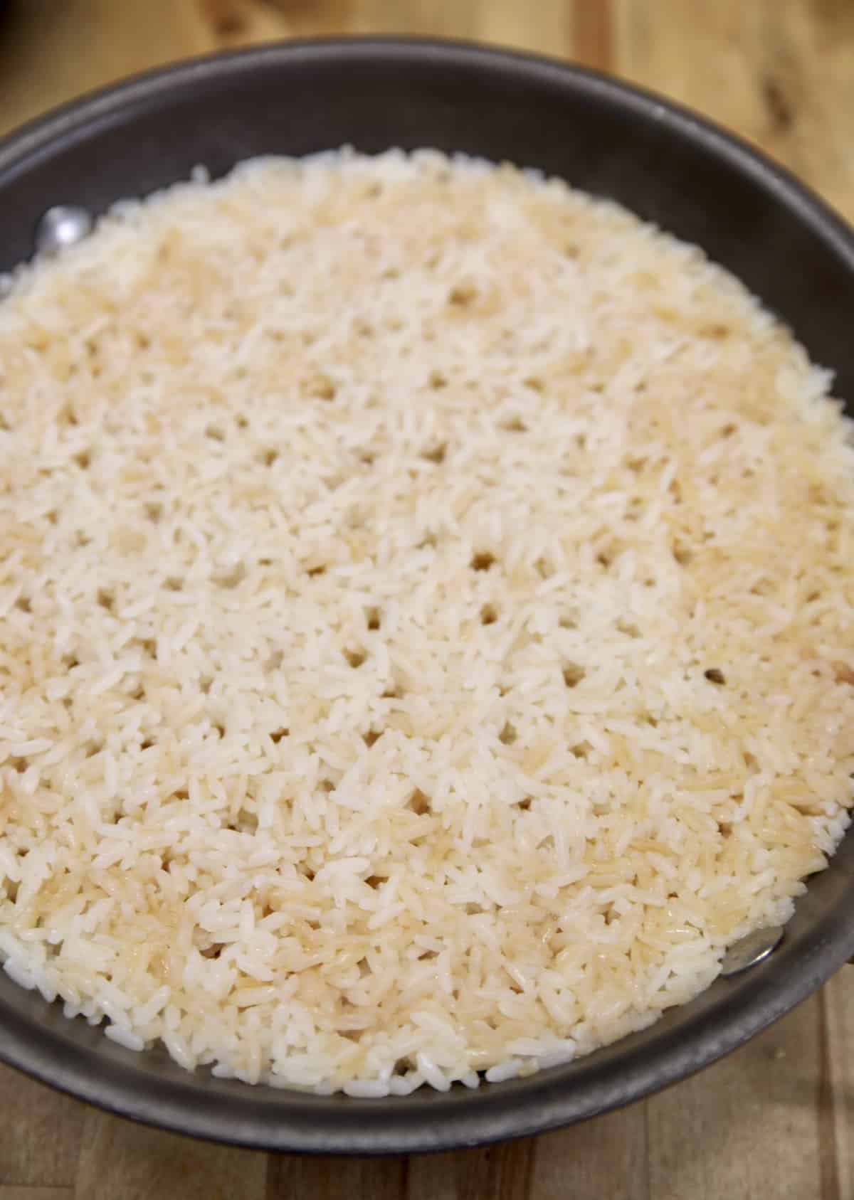 Cooked rice in a pan.