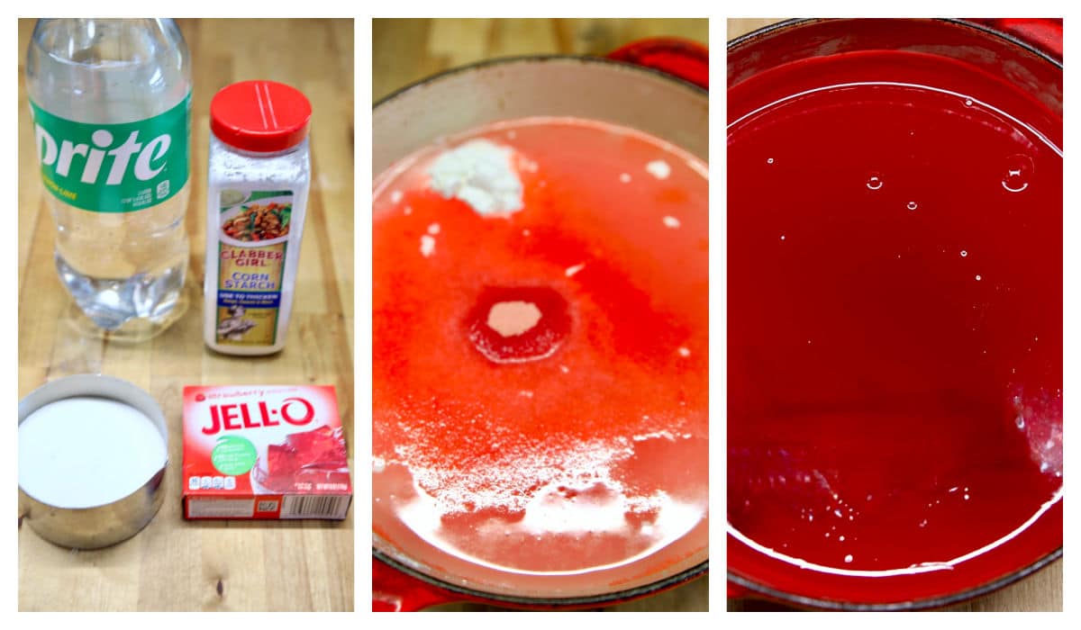Collage making Jello pie glaze.