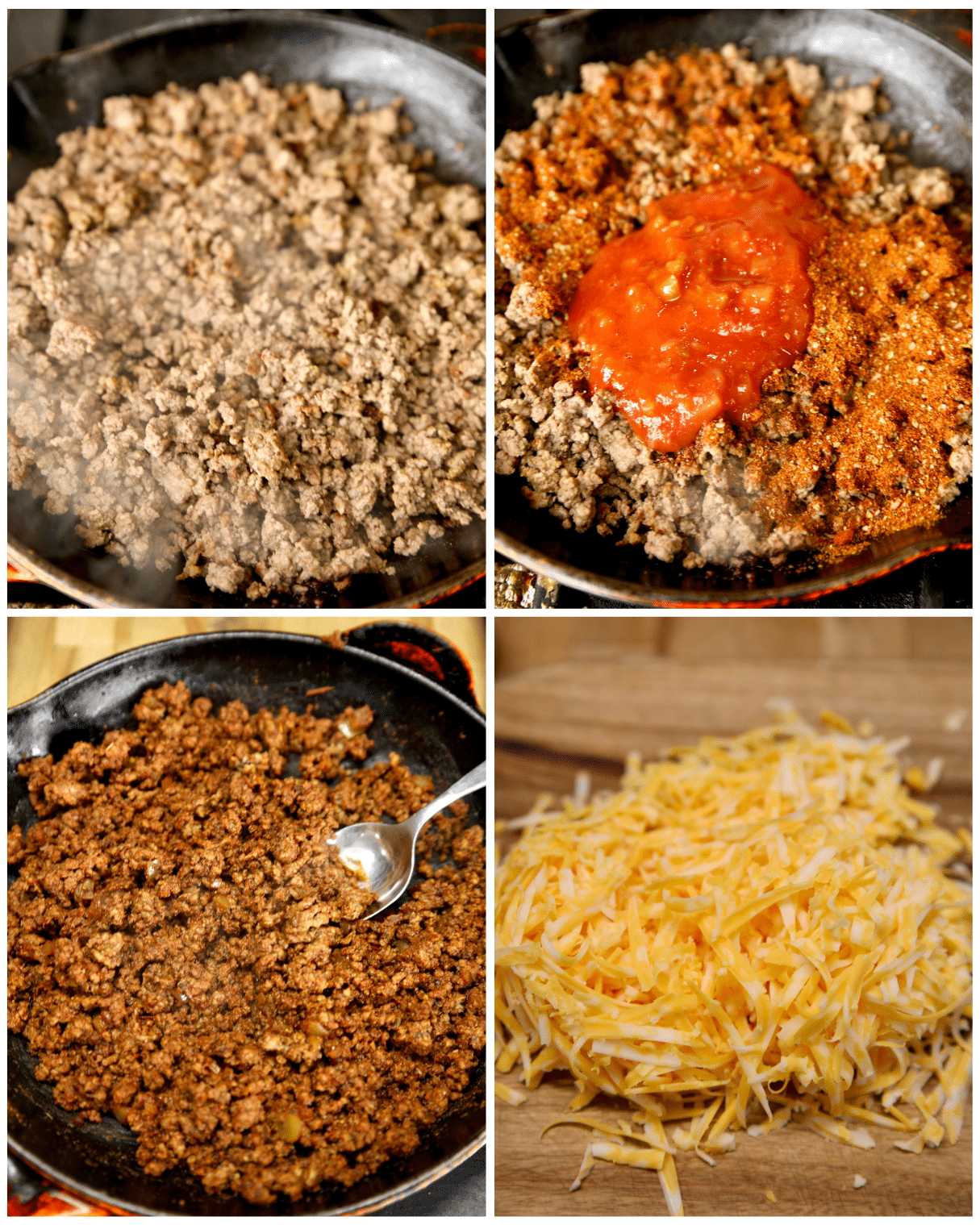Collage making taco meat with ground beef, seasoning, picante sauce, shredded cheese.