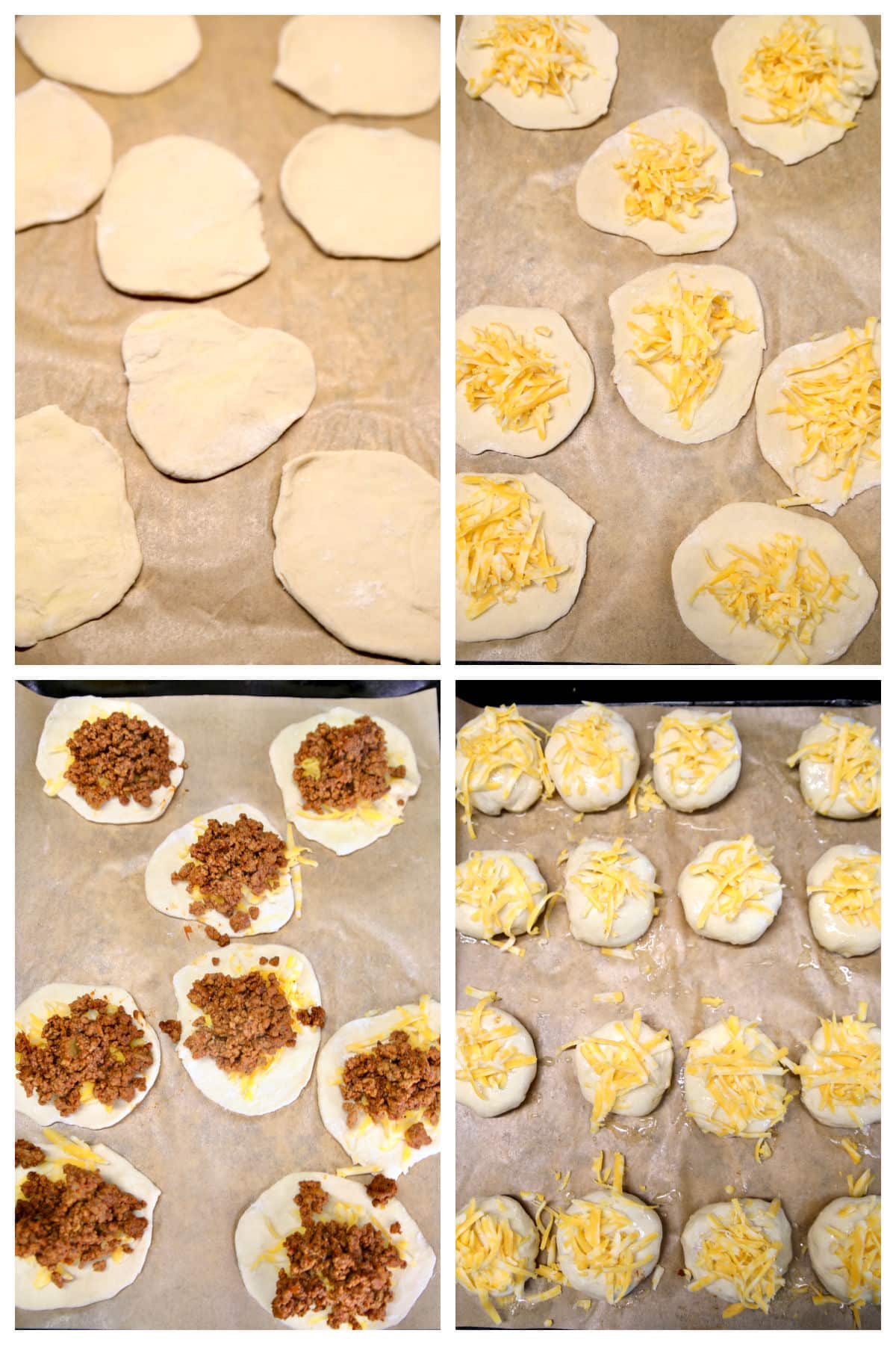 Collage making biscuit bombs with cheese and taco meat. 