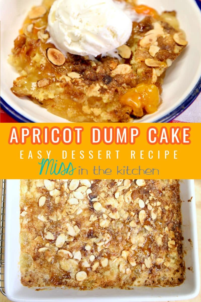 Collage of plated apricot dump cake wit vanilla ice cream/ in cake pan.