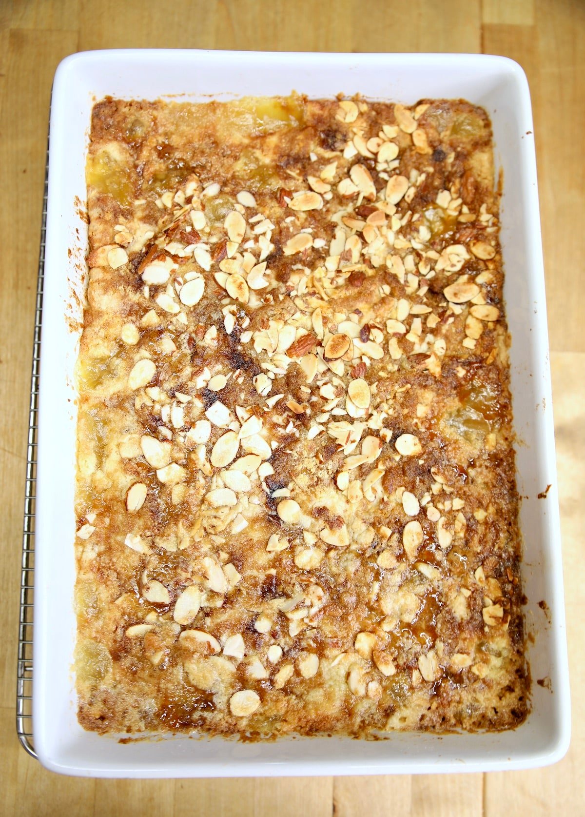 Pan of apricot dump cake with almonds.