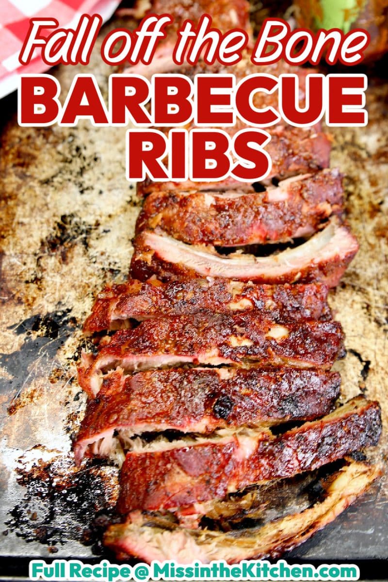 Barbecue Ribs on a sheet pan with text overlay.