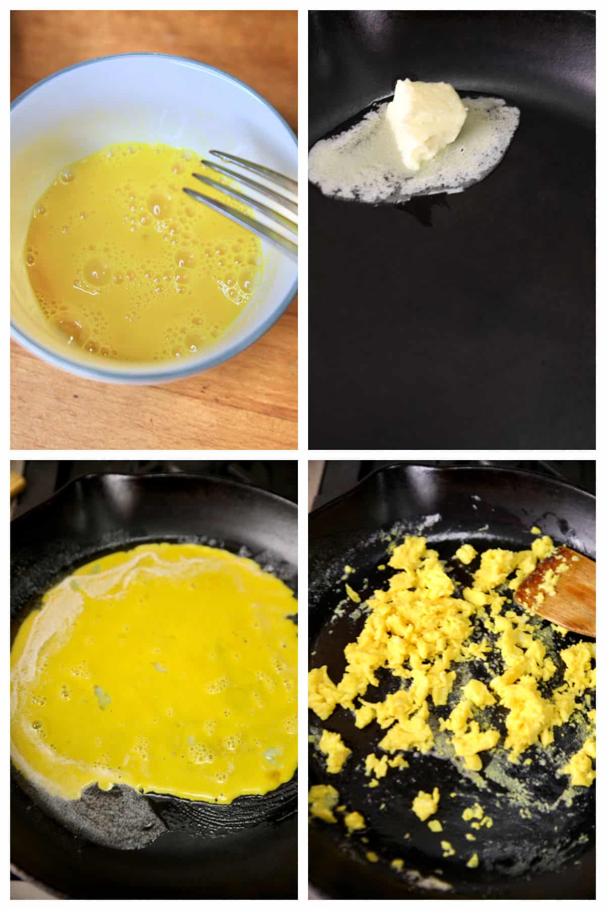 Collage: scrambling eggs, melted butter in a skillet,cooking eggs.