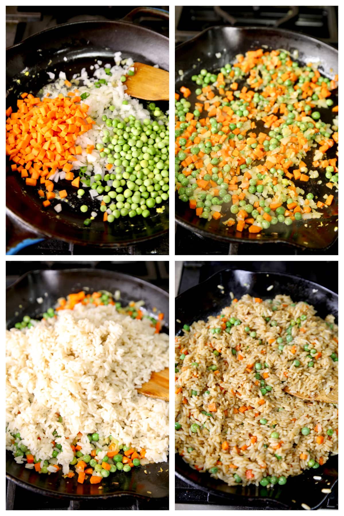Fried Rice Collage: cooking vegetables in a skillet, adding rice. 