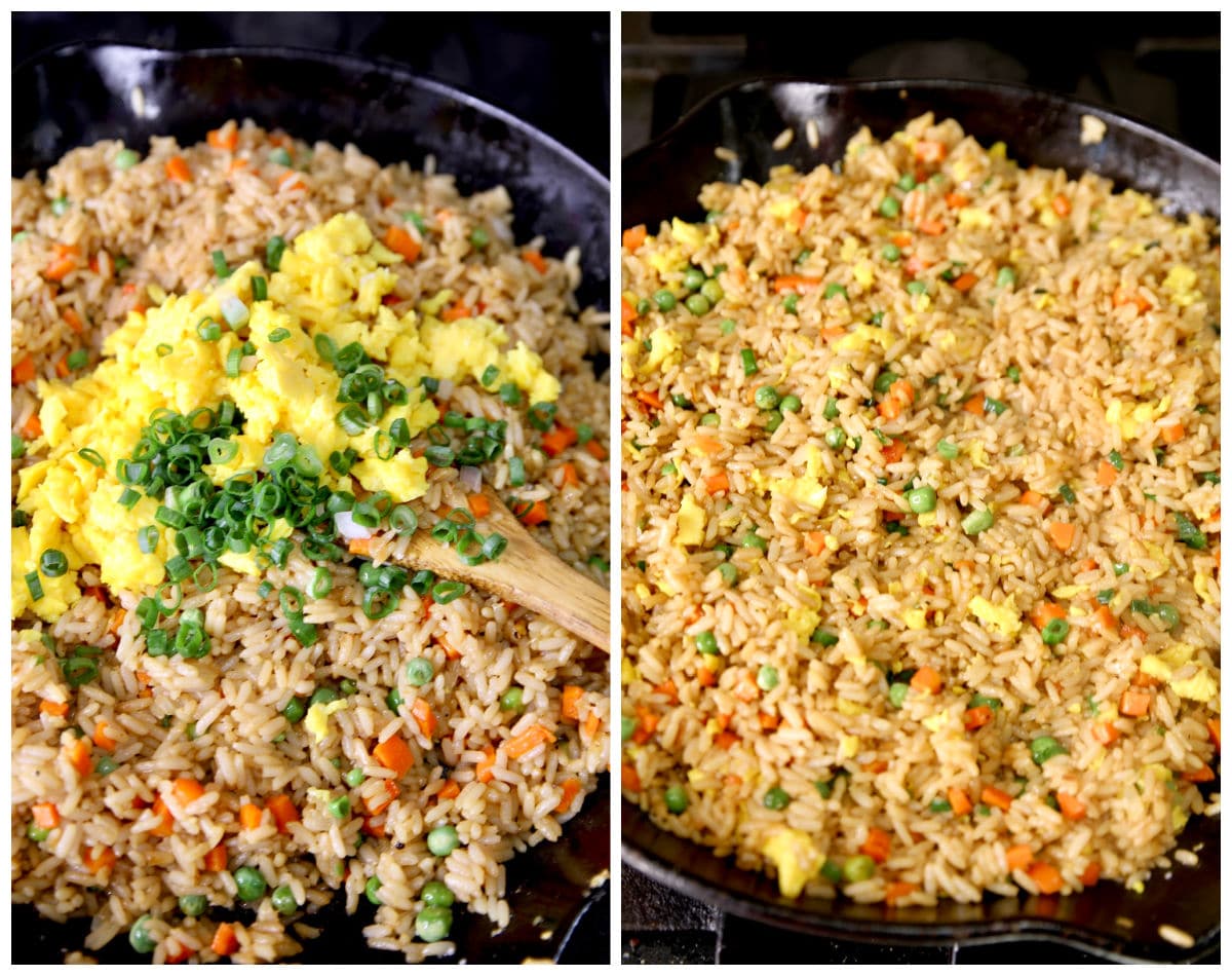 Collage making fried rice with scrambled eggs.