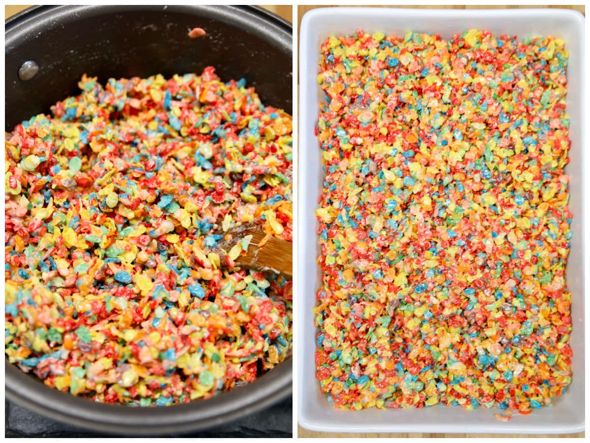 Collage of fruity pebbles treats in pan/baking dish.