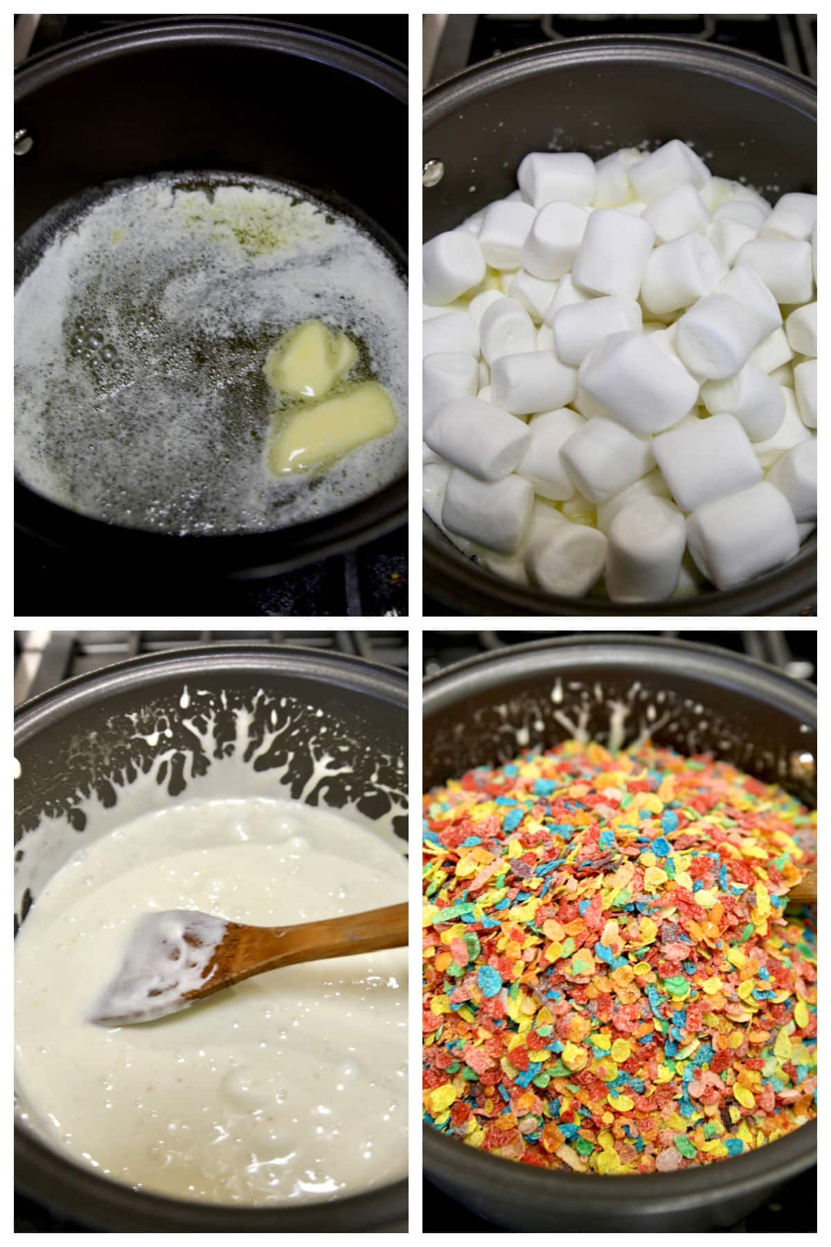 Collage making marshmallow treats with Fruity Pebbles.