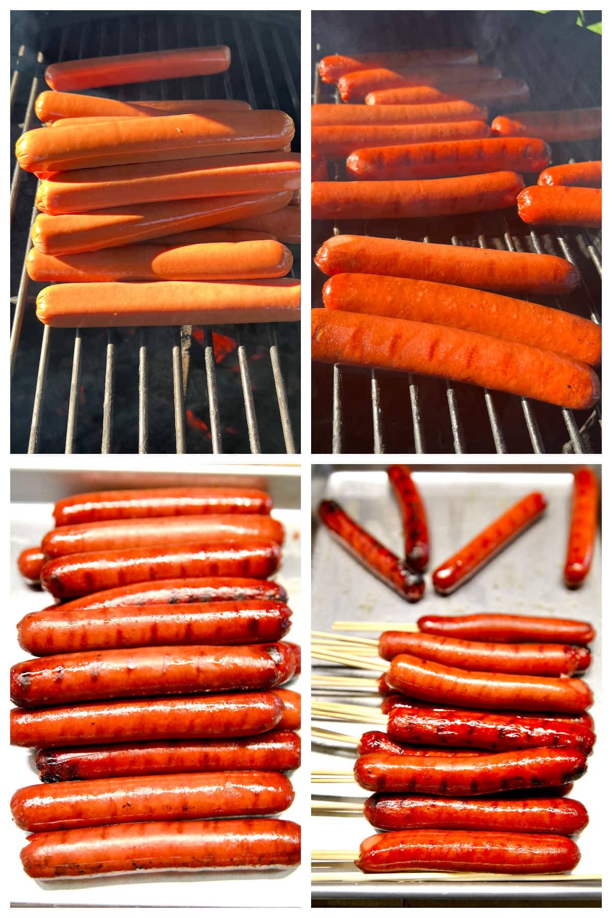 Grilling hot dogs collage, adding skewers for corn dog sticks.