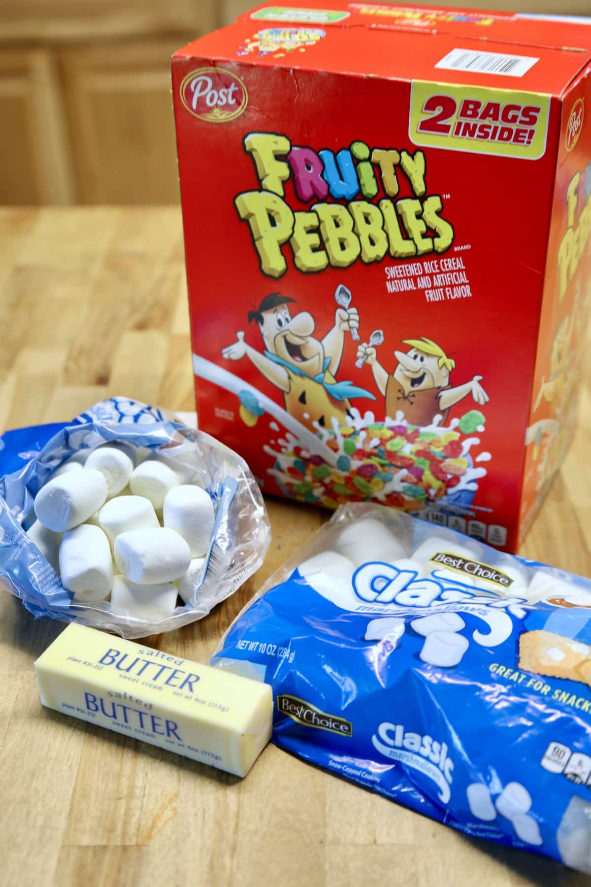 Ingredients for Fruity Pebbles treats.