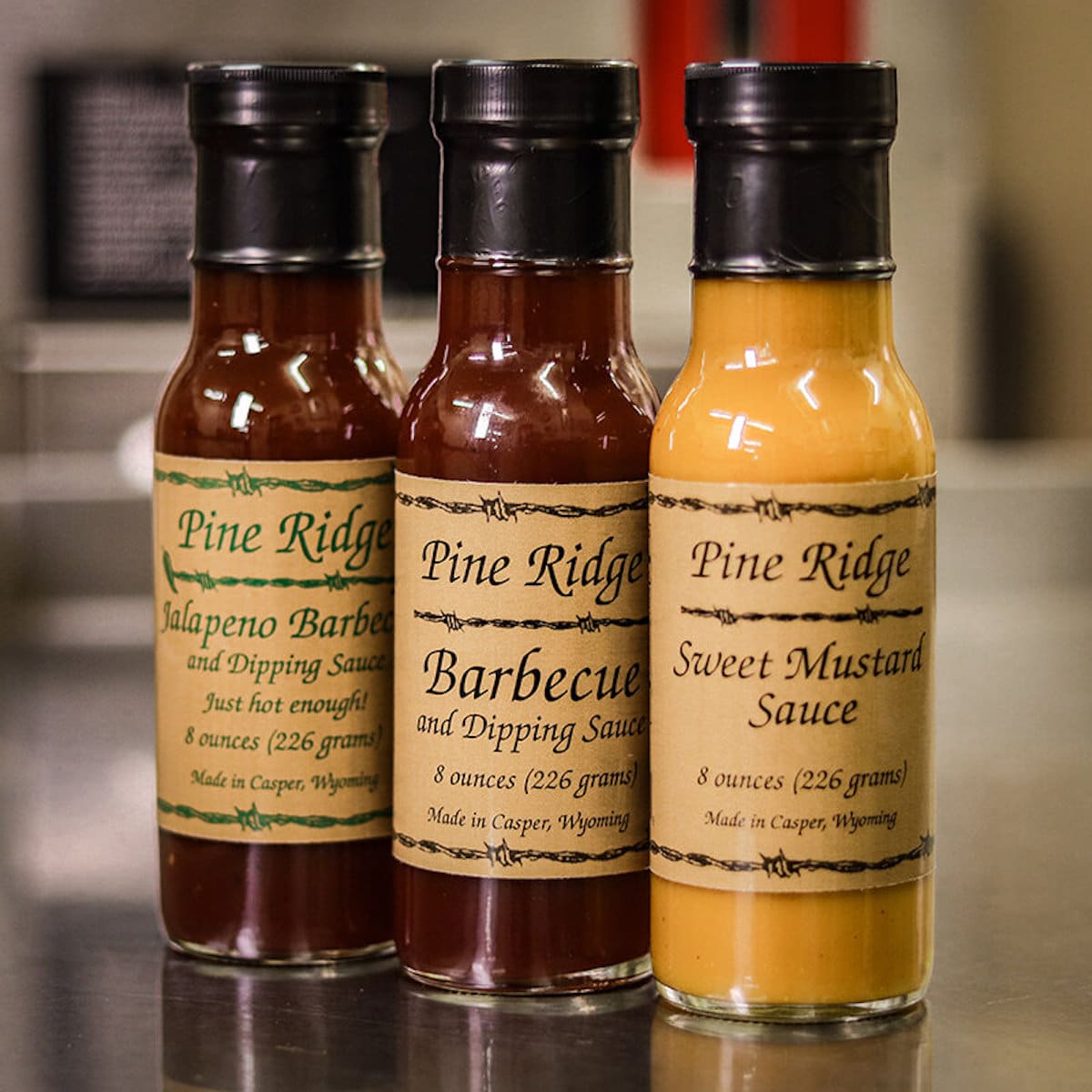 Pine Ridge Sauces: Jalapeno Barbecue, Barbecue and Sweet Mustard.