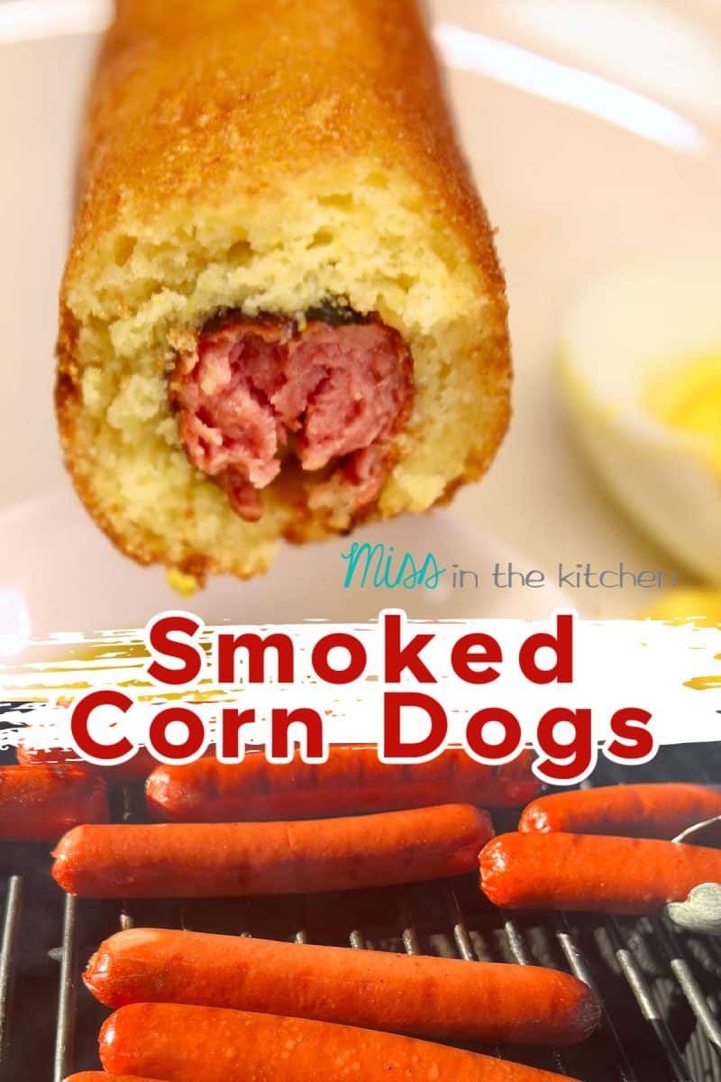 Smoked Corn dogs collage: dipping into mustard / on the grill.