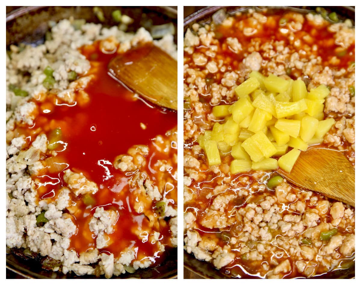 Collage adding sweet and sour sauce and pineapple tidbits to ground pork in a skillet.