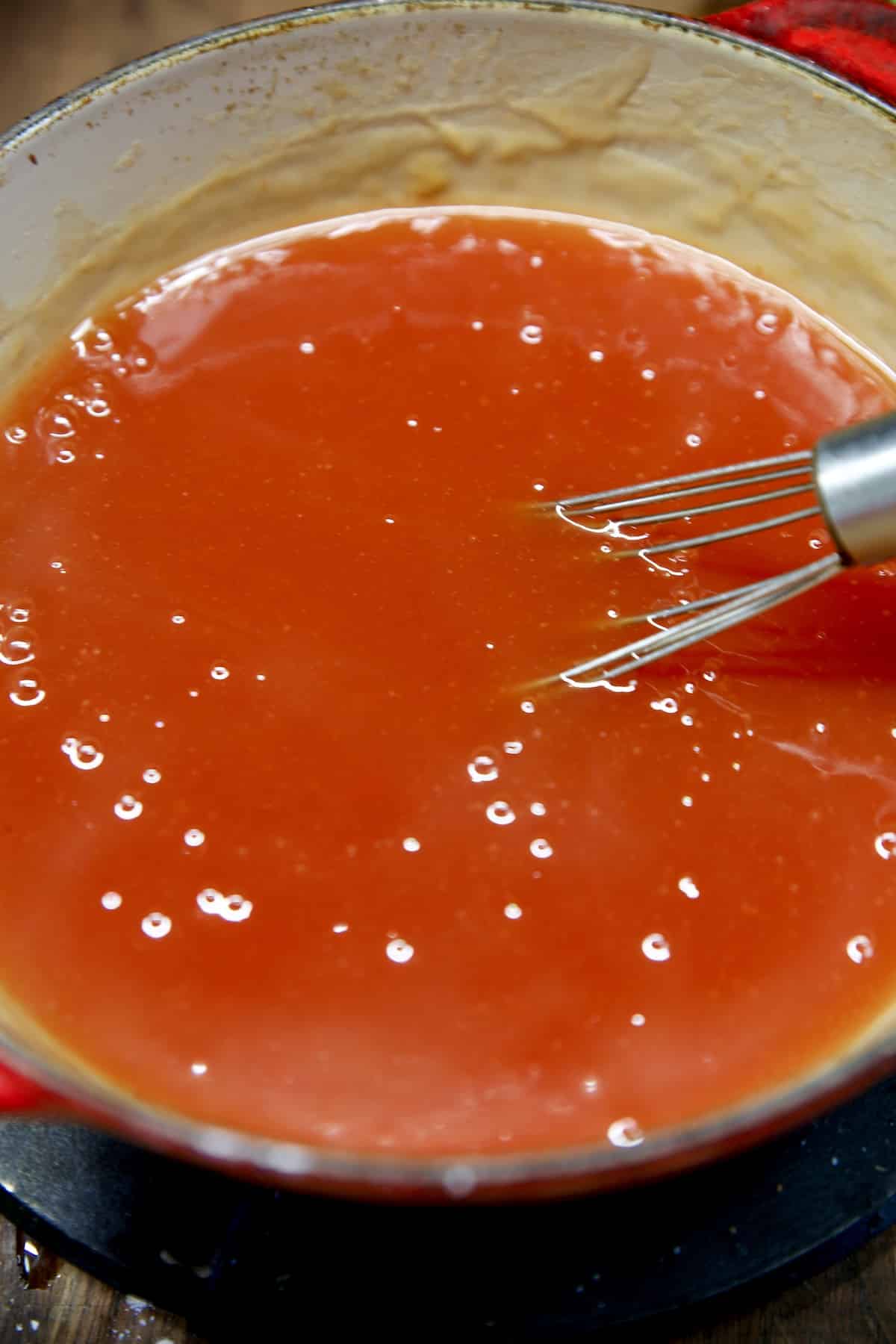 Sweet and sour sauce in a pan. 