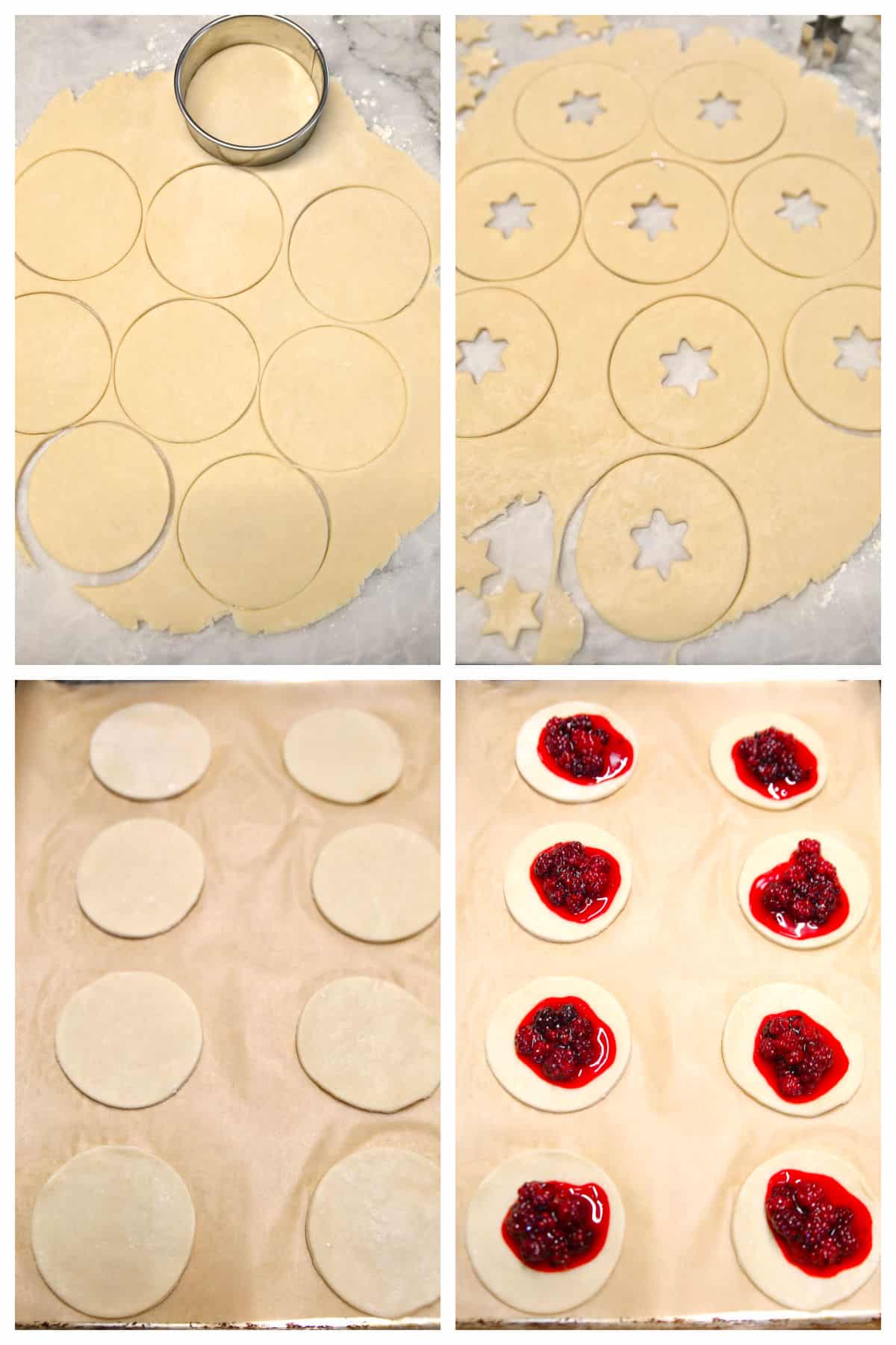 Collage cutting out hand pie dough circles, topping with pie filling.