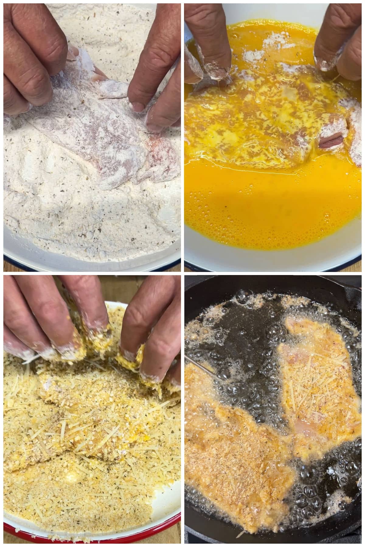 Collage breading chicken in flour, egg, parmesan cracker coating, frying.