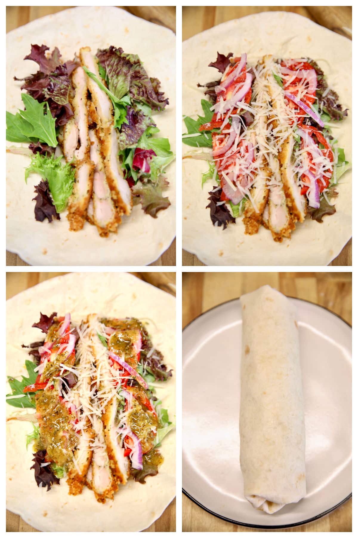 Collage making crispy chicken wraps with lettuce, tomato, onion, dressing.