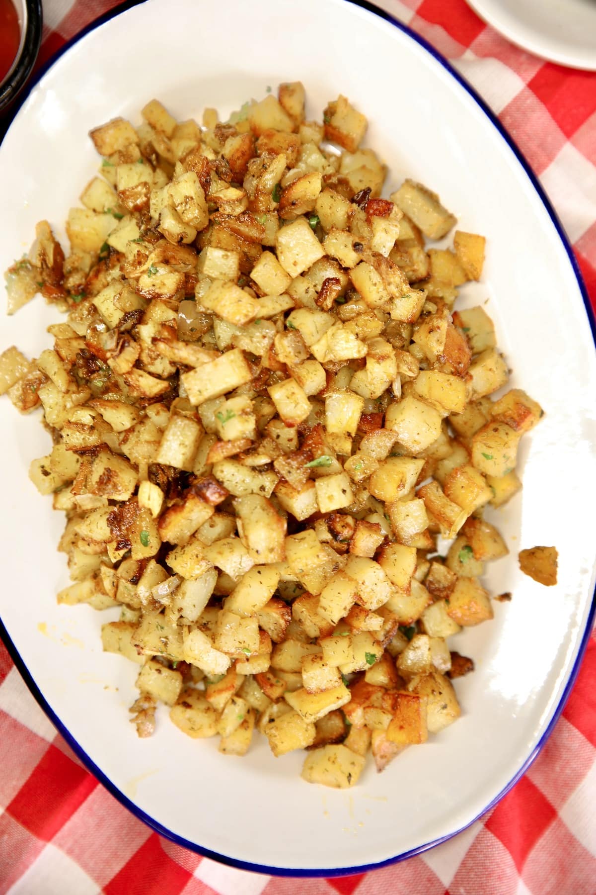 Platter of crispy breakfast potatoes.