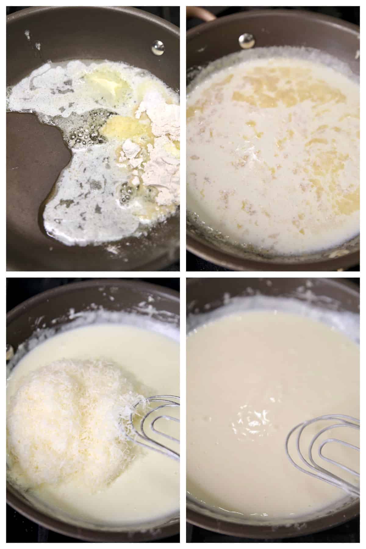 Collage making cream sauce for zucchini casserole.