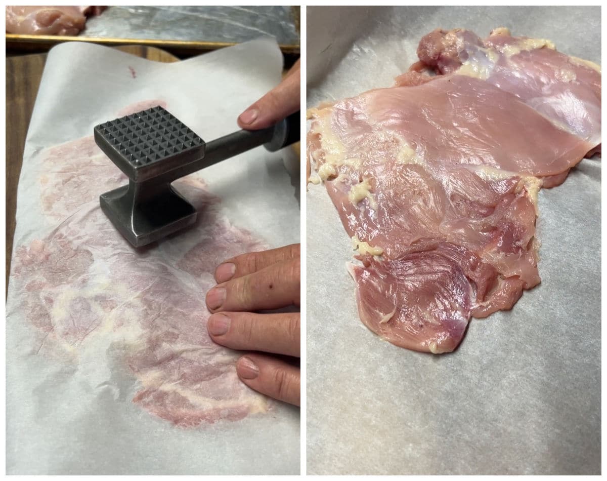 Collage pounding chicken thighs thin with a meat mallet.