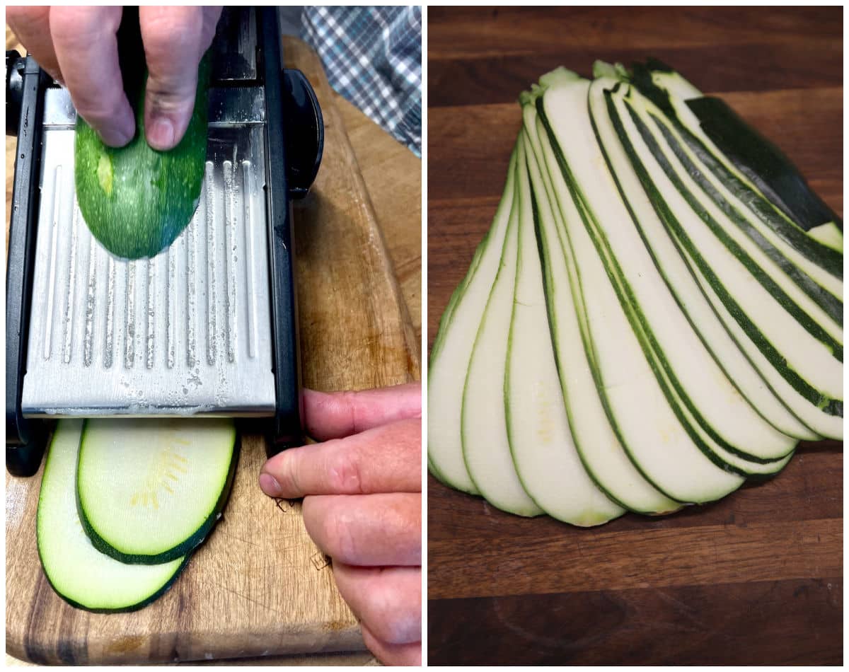 Collage slicing zucchini on a mandoline/ sliced.